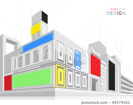 Outline architecture perspective. City drawing. Digital architect line technology. Office house construction. Interior blueprint. Buildings colorful plan. Vector abstract illustration Outline architecture perspective. City drawing. Digital architect line technology. Office house construction. Interior blueprint. Buildings colorful plan. Vector abstract illustration 99579502