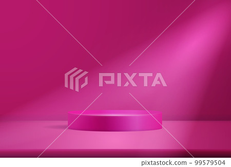 3d pink red podium, room with round platform and spotlight. Display studio for product award and presentation, empty scene in perspective. Bright minimal showcase. Vector realistic background 99579504