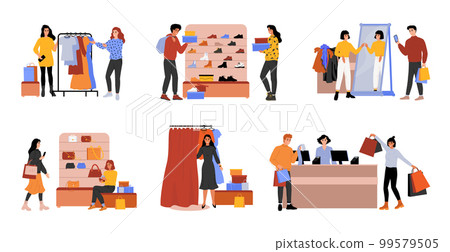 Fashion shop. Retail sale. People choose or try clothing in boutique. Customers in market. Happy commerce sellers. Persons buy trendy clothes. Mall buyers set. Vector flat illustration Fashion shop. Retail sale. People choose or try clothing in boutique. Customers in market. Happy commerce sellers. Persons buy trendy clothes. Mall buyers set. Vector flat illustration 99579505
