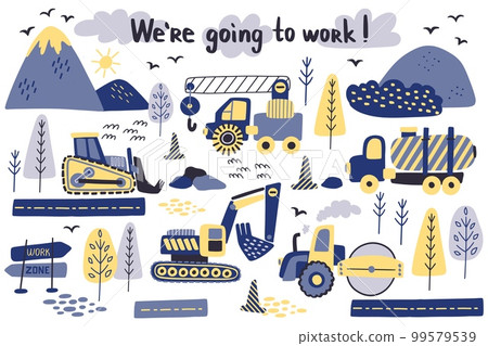 Car truck, cargo for boho nursery decor. Street with tractor and automobile, crane and bulldozer, travel in machine. Industrial machinery childish doodle elements. Vector design background Car truck, cargo for boho nursery decor. Street with tractor and automobile, crane and bulldozer, travel in machine. Industrial machinery childish doodle elements. Vector design background 99579539