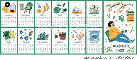 Cozy spring hygge calendar. Happy seasons. Warm autumn or flower summer. Winter book. Comfortable home. Monthly organizer. Relaxing woman. 2023 year posters set. Vector cartoon template 99579569