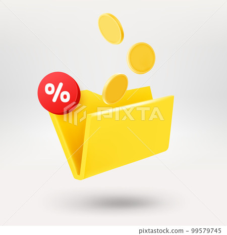 Yellow file and gold coins with discountt label. 3d vector icon isolated on white background Yellow file and gold coins with discountt label. 3d vector icon isolated on white background 99579745