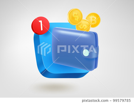 Money transfer wallet app. 3d vector mobile application icon with notification 99579785