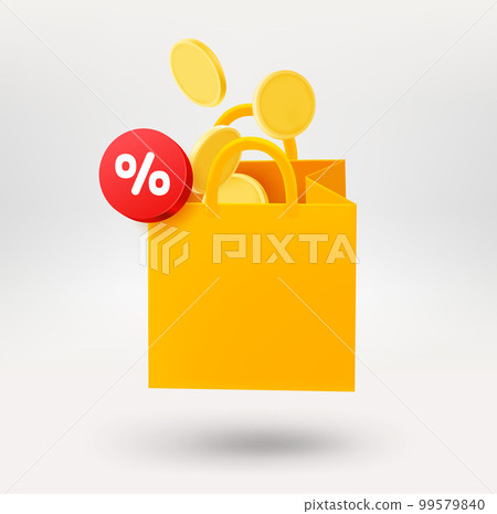 Shopping bag with discountt label. 3d vector icon isolated on white background Shopping bag with discountt label. 3d vector icon isolated on white background 99579840
