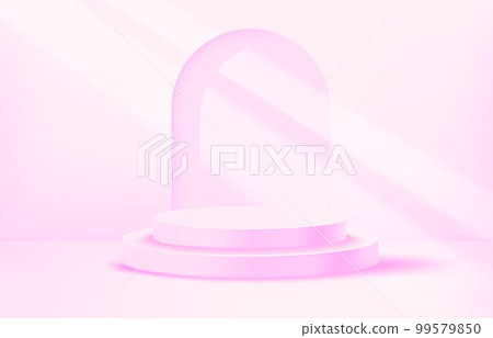 Bright illuminated pink pastel room with portal and podium. Showcase template. 3d vector background Bright illuminated pink pastel room with portal and podium. Showcase template. 3d vector background 99579850