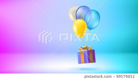 Gift box with yellow and blue air ballons. 3d vector banner with holographic background and copy space Gift box with yellow and blue air ballons. 3d vector banner with holographic background and copy space 99579852