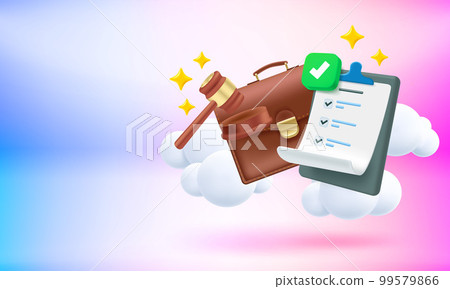 Judicial hammer, briefcase and verdict with checkmark. 3d vector banner with copy space Judicial hammer, briefcase and verdict with checkmark. 3d vector banner with copy space 99579866