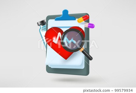 Medical report with anamnesys, heart, pills, magnifying glass, and vial. Health care concept Medical report with anamnesys, heart, pills, magnifying glass, and vial. Health care concept 99579934