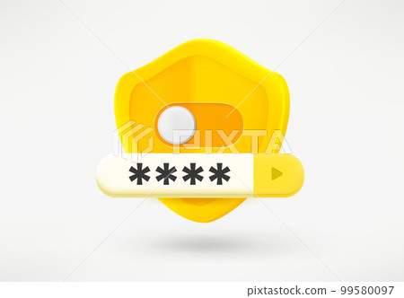 Golden shield with on off selector. Authorization concept. 3d vector illustration Golden shield with on off selector. Authorization concept. 3d vector illustration 99580097