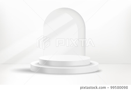 Bright illuminated room with portal and podium. Showcase  template. 3d vector background 99580098