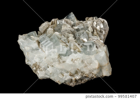Macro mineral stone Aquamarine in rock on a black background Macro mineral stone Aquamarine in rock on a black background 99581407