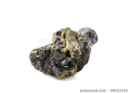 Macro mineral stone  Sphalerite Pyrite on a white background 99581416
