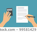 Hands with a pencil or pen, fills the tax return form, vector on a green background 99581429