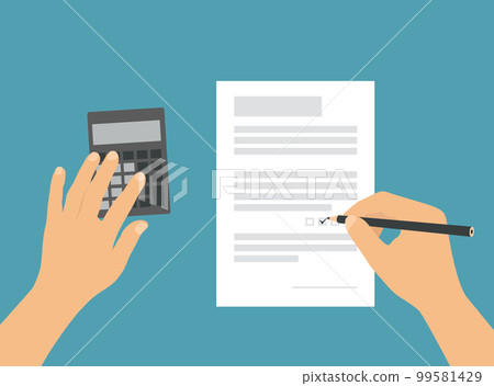 Hands with a pencil or pen, fills the tax return form, vector on a green background 99581429