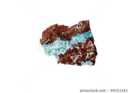 Macro mineral aurichalcite stone on microcline on white background 99581481