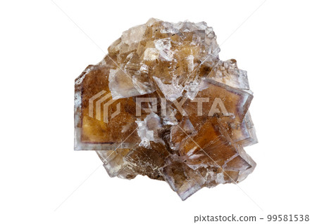 Macro mineral stone yellow Fluorite on a white background 99581538