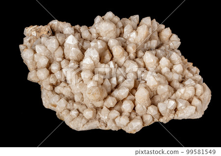 Macro Mineral Snow quartz Crystals on Black Background Macro Mineral Snow quartz Crystals on Black Background 99581549