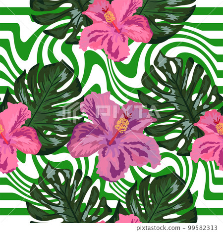 Seamless pattern with tropical orchid and hibiscus flowers, palm, monstera leaves on striped background. 99582313