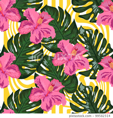 Print summer exotic jungle plant tropical palm leaves and flower red hibiscus. Pattern, seamless floral 99582314