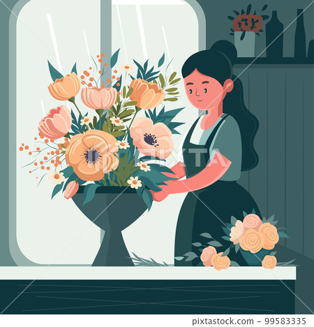 Cute girl florist collects a bouquet in a flower shop. A beautiful florist creates a composition of flowers. Cartoon flat vector illustration 99583335