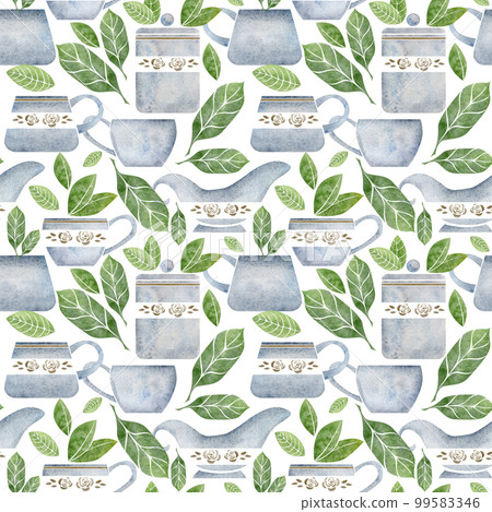 Watercolor hand drawn seamless pattern with porcelain and gold coffee cups, leaves, creamer, jar, daisy. Isolated on white background. Invitations, cafe, restaurant food menu, print, website, cards Watercolor hand drawn seamless pattern with porcelain and gold coffee cups, leaves, creamer, jar, daisy. Isolated on white background. Invitations, cafe, restaurant food menu, print, website, cards 99583346