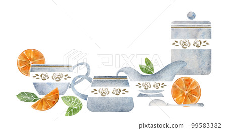 Watercolor hand drawn composition with capuccino porcelain and gold coffee cups, cinnamon, orange. Isolated on white background. For invitations, cafe, restaurant food menu, print, website, cards Watercolor hand drawn composition with capuccino porcelain and gold coffee cups, cinnamon, orange. Isolated on white background. For invitations, cafe, restaurant food menu, print, website, cards 99583382