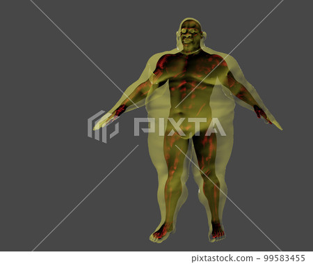 3D render. Athletic man inside an obese body on a gray background. 3D render. Athletic man inside an obese body on a gray background. 99583455