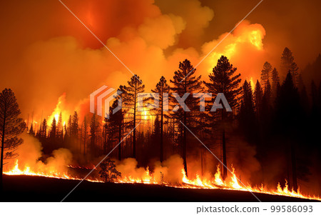 Forest fire. Heatwave causes forest burning rapidly and destroyed, silhouette, natural calamity. Forest fire, bushfire with flames and smoke clouds. generative ai 99586093