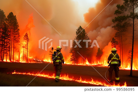 Firefighters helped battle wildfire. Forest fire. Heatwave causes forest burning rapidly and destroyed, silhouette, natural calamity. Forest fire, bushfire with flames and smoke clouds. generative ai Firefighters helped battle wildfire. Forest fire. Heatwave causes forest burning rapidly and destroyed, silhouette, natural calamity. Forest fire, bushfire with flames and smoke clouds. generative ai 99586095