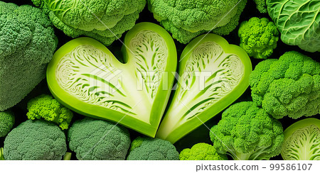 green vegetables background. Heart shape by vegetables. Healthy food concept. Green vegetables and leafy food background of fresh garden produce, organically grown as symbol of health. generative ai 99586107