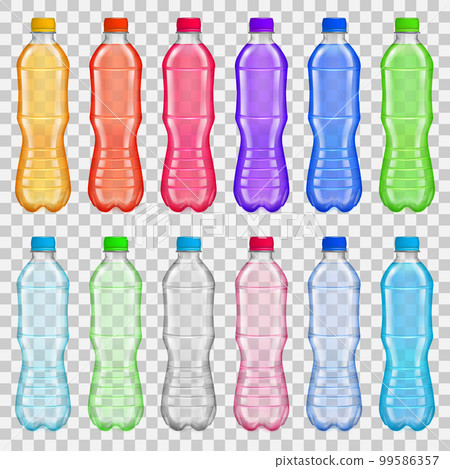 Set of transparent plastic bottles with multicolored juices and water 99586357