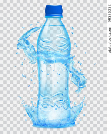 Transparent plastic bottle with water crown and splashes in light blue colors 99586358