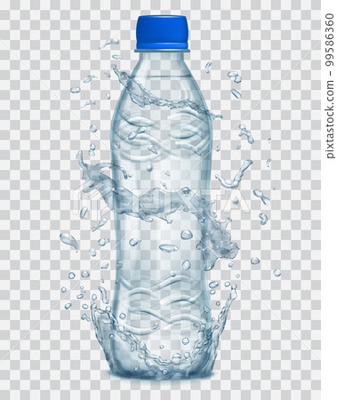 Transparent water splashes in light blue colors around a transparent plastic bottle 99586360