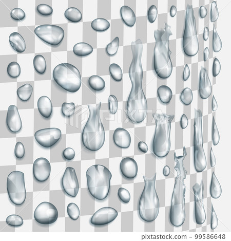 Transparent gray drops flowing along a cylindrical surface 99586648