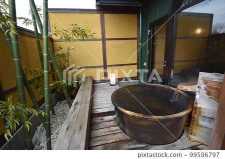 Japan, Tohoku, Iwate Prefecture, Ichinoseki City, a World Heritage hidden inn, a hot spring inn, an open-air bath, a cypress bath, Kajitsu no Mori 99586797