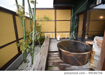 Japan, Tohoku, Iwate Prefecture, Ichinoseki City, a World Heritage hidden inn, a hot spring inn, an open-air bath, a cypress bath, Kajitsu no Mori 99586798