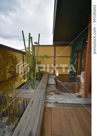 Japan, Tohoku, Iwate Prefecture, Ichinoseki City, a World Heritage hidden inn, a hot spring inn, an open-air bath, a cypress bath, Kajitsu no Mori 99586802