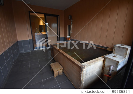 Japan, Tohoku, Iwate Prefecture, Ichinoseki City, a World Heritage hidden inn, a hot spring inn, an open-air bath, a cypress bath, Kajitsu no Mori 99586854