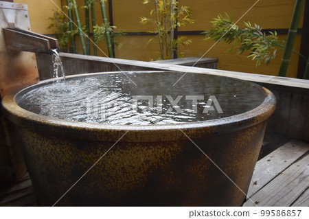 Japan, Tohoku, Iwate Prefecture, Ichinoseki City, a World Heritage hidden inn, a hot spring inn, an open-air bath, a cypress bath, Kajitsu no Mori 99586857