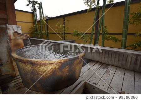 Japan, Tohoku, Iwate Prefecture, Ichinoseki City, a World Heritage hidden inn, a hot spring inn, an open-air bath, a cypress bath, Kajitsu no Mori 99586860