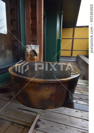 Japan, Tohoku, Iwate Prefecture, Ichinoseki City, a World Heritage hidden inn, a hot spring inn, an open-air bath, a cypress bath, Kajitsu no Mori 99586868