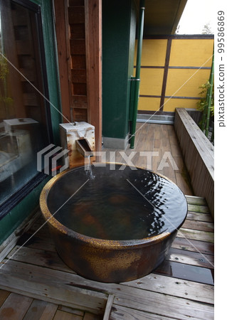 Japan, Tohoku, Iwate Prefecture, Ichinoseki City, a World Heritage hidden inn, a hot spring inn, an open-air bath, a cypress bath, Kajitsu no Mori 99586869