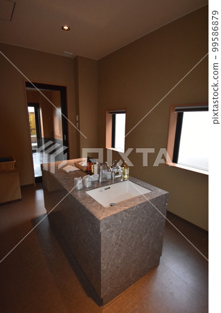 Japan, Tohoku, Iwate Prefecture, Ichinoseki City, a World Heritage hidden inn, a hot spring inn, an open-air bath, a cypress bath, Kajitsu no Mori 99586879