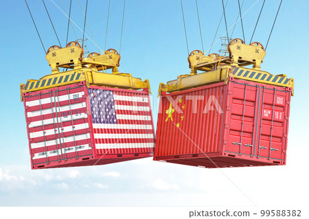 USA China dtrade war. Cargo shipping contaners with flags of United States and China. 99588382
