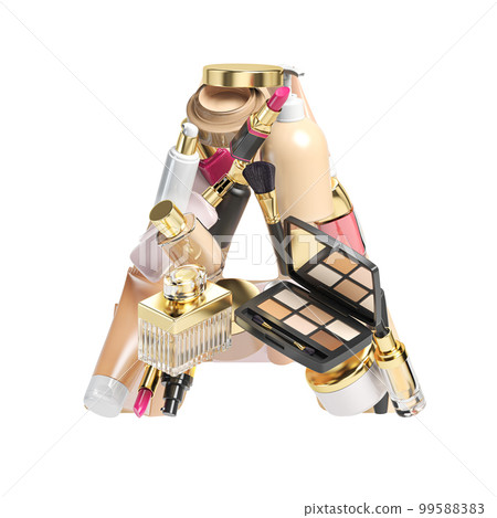 Letter A. Alphabet from cosmetics, make up and beauty products isolated on white. 99588383