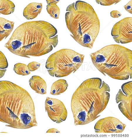 Seamless pattern with beautiful tropical fish on a white background. Watercolor illustration of a sea angel. Yellow fish with a blue spot and stripes. Suitable for packaging, postcards, wallpapers. Seamless pattern with beautiful tropical fish on a white background. Watercolor illustration of a sea angel. Yellow fish with a blue spot and stripes. Suitable for packaging, postcards, wallpapers. 99588480