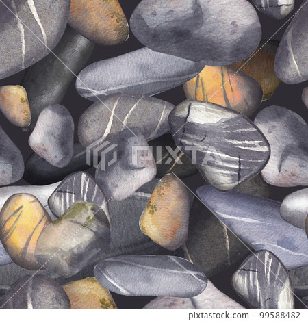 Seamless pattern with sea stones. Watercolor illustration of the seabed. Gray, striped, round, yellow stones. Pebbles on the bottom. Suitable for design, background, packaging. Seamless pattern with sea stones. Watercolor illustration of the seabed. Gray, striped, round, yellow stones. Pebbles on the bottom. Suitable for design, background, packaging. 99588482