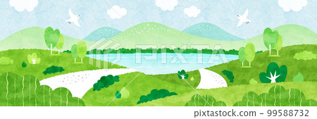 Landscape of mountain road with sea view Summer watercolor illustration full of nature Landscape of mountain road with sea view Summer watercolor illustration full of nature 99588732