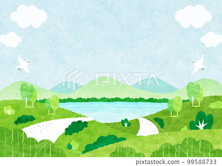 Landscape of mountain road with sea view Watercolor background illustration full of nature 99588733