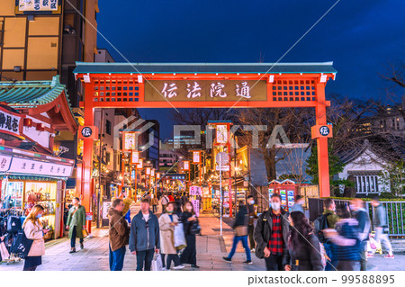 Tokyo cityscape in Japan Looking at the bustling Denpoin Street from Sensoji Temple and Nakamise Street = February 20 Tokyo cityscape in Japan Looking at the bustling Denpoin Street from Sensoji Temple and Nakamise Street = February 20 99588895